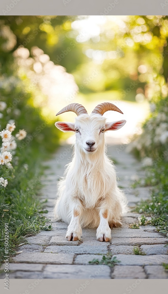 Obraz premium A white goat with curved horns sitting on a cobblestone path surrounded by flowers.