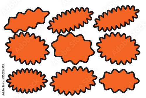 Sunburst sticker shapes. Rounded starburst zigzag badge, spiky oval, circle and star shaped price tag, discount and sale label stickers. Jagged silhouettes vector set