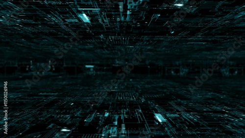 A futuristic, digitally generated abstract motion matrix in a cyber environment, showcasing big data analytics and AI simulation, perfect for use as a digital background in motion videos.