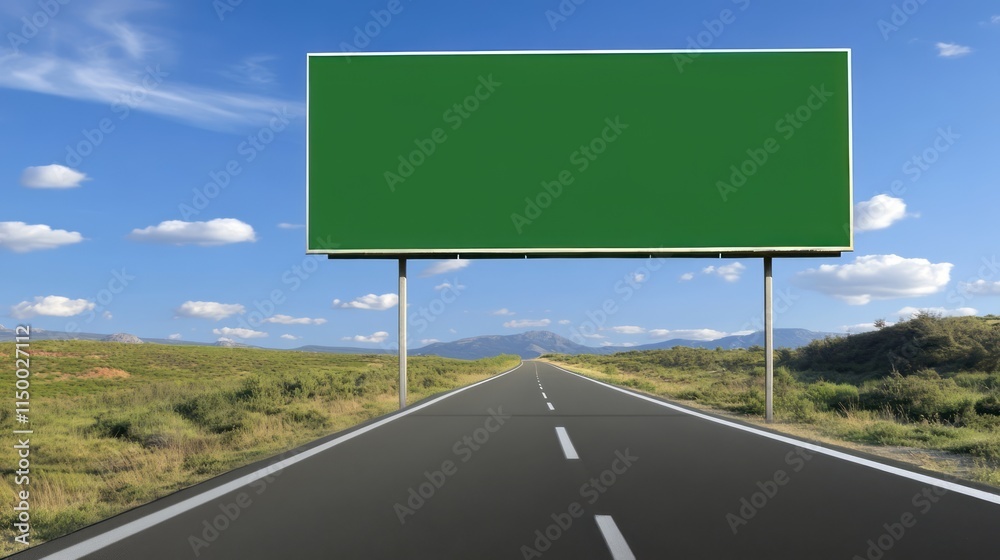 Large green screen billboard mounted over a deserted highway in the middle of nowhere. Big advertisement poster template, mockup. Large green screen billboard mounted over a deserted highway in the middle of nowhere. Big advertisement poster template, mockup.