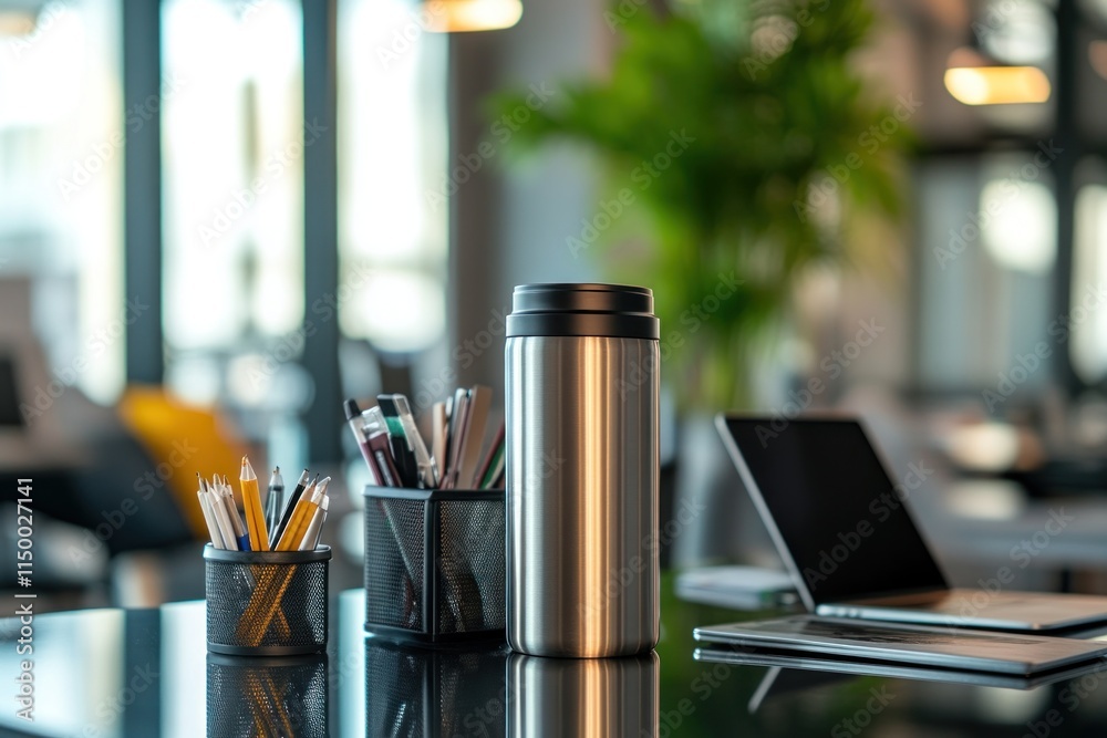 Office supplies, pens, pencils, and thermos on a glass desk. Office supplies, pens, pencils, and thermos on a glass desk.