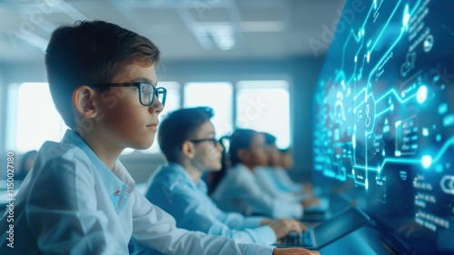 Wallpaper Mural A focused young boy in glasses engages with a futuristic screen displaying digital data and technology in a classroom setting. Torontodigital.ca