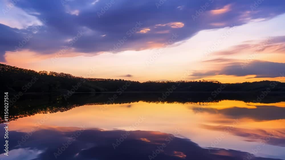 A Colorful Sunset Over a Serene Lake Surrounded by Clouds and Vibrant Reflections