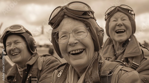  A sepia-toned photo of a group of elderly women pilots, their laughter echoing across a vintage airfield as they reminisce about conquering the skies