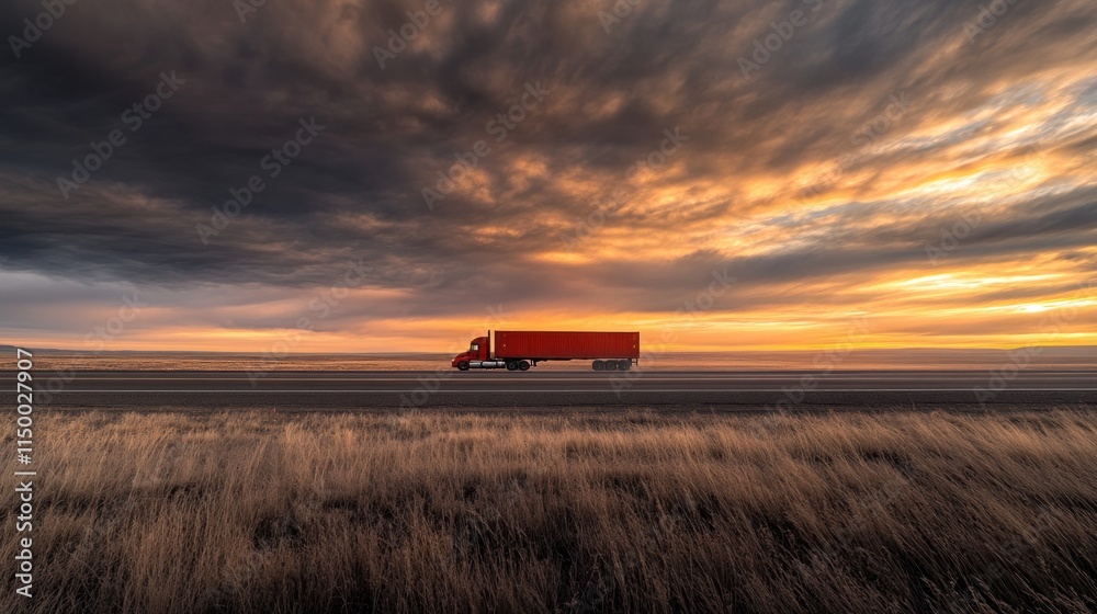 Red semi-truck driving on highway during dramatic sunset. Red semi-truck driving on highway during dramatic sunset.