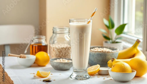 Illustration of a banana milkshake surrounded by fresh fruits, oatmeal, honey, and vibrant lighting. Healthy and wholesome breakfast concept captured in a rustic and warm artistic style.

