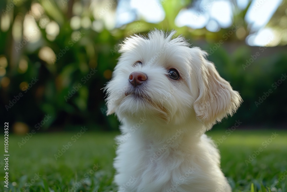 Adorable fluffy white puppy sitting in green grass, looking up. Adorable fluffy white puppy sitting in green grass, looking up.