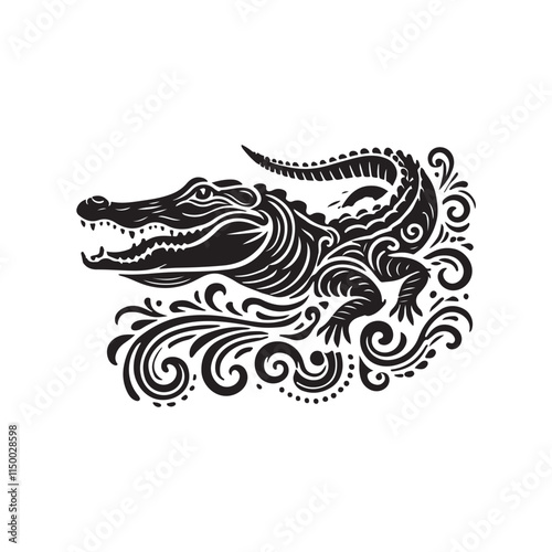 Black Color Alligator silhouette design Vector Illustration, Solid White Background 14.eps