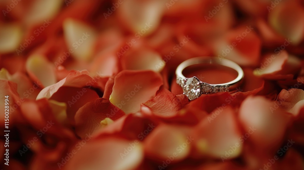 Elegant Diamond Ring on Soft Rose Petals in Romantic Setting Elegant Diamond Ring on Soft Rose Petals in Romantic Setting