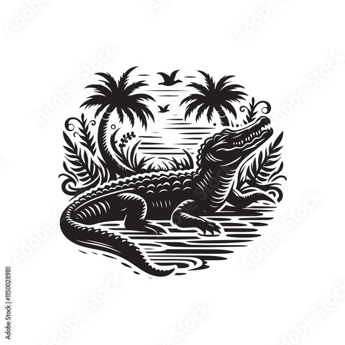 Black Color Alligator silhouette design Vector Illustration, Solid White Background 15.eps