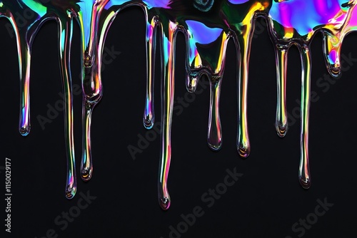 Fluid holographic paint drips glisten with vibrant colors against a dark background, creating an intriguing visual effect