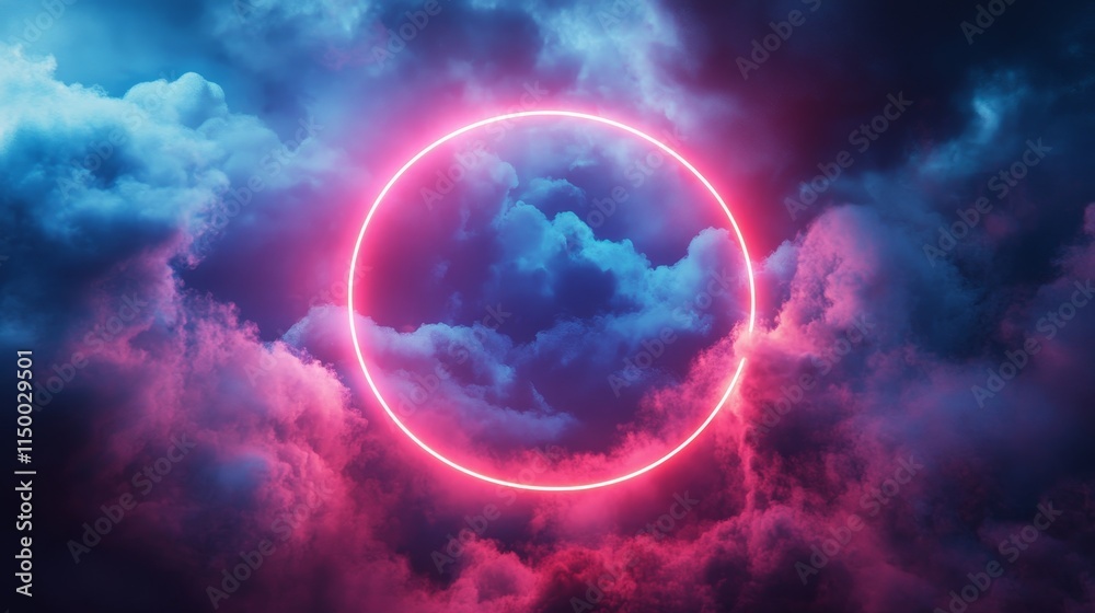 Glowing pink neon circle in dark clouds. Glowing pink neon circle in dark clouds.