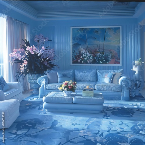 1980sinspired living room soothing light blue hue featuring comfortable couch armchair tropical painting natural light floral accents creating tranquil elegant atmosphere photo