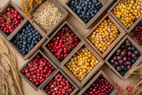 Wallpaper Mural Assorted berries, grains, and seeds in wooden boxes. Torontodigital.ca