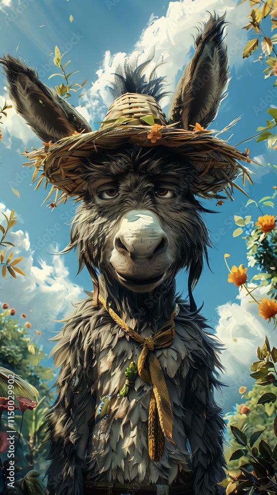 Fototapeta premium Sternfaced donkey stands tall vibrant forest wearing straw hat orange flowers yellow ribbon its gaze directed viewer