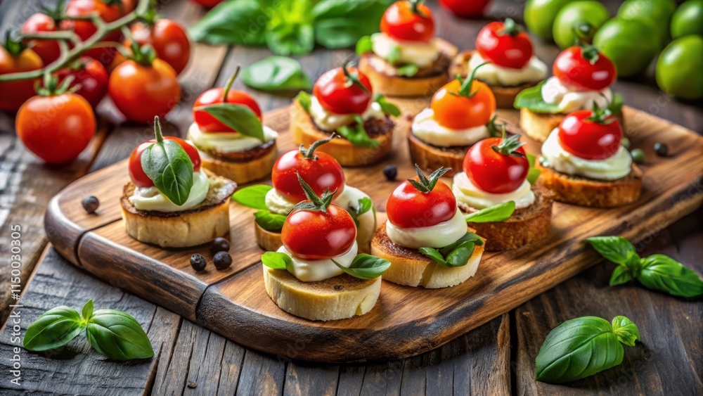 Rustic Vegetable Canapés with Mozzarella, Cherry Tomatoes, Basil, and Balsamic Vinegar on Wooden Board