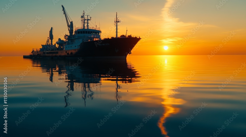 Fototapeta premium Sunset Silhouette of Cargo Ship at Sea