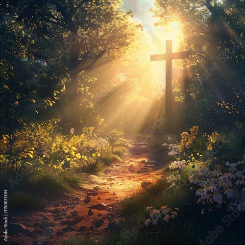 Serene forest path leads cross standing tall amidst verdant greenery bathed warm sunlight