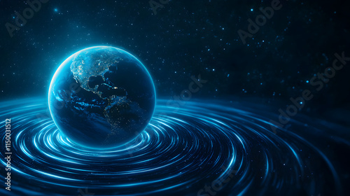 Earth's Cosmic Embrace: A mesmerizing image of Earth, bathed in the celestial glow of the cosmos, with rippling light emanating from its surface, suggesting a connection to the vastness of space.  