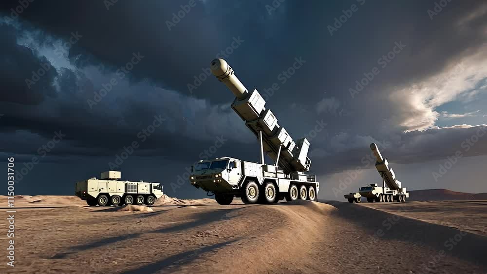 Mobile Missile Launch Systems Positioned in a Desert Landscape Under a Dramatic Cloudy Sky

