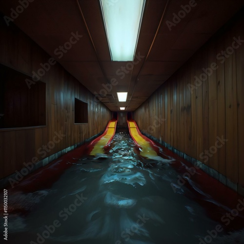 Dimly lit waterfilled hallway wooden paneling two water slides leading into water dark holes ceiling exuding an unsettling atmosphere photo