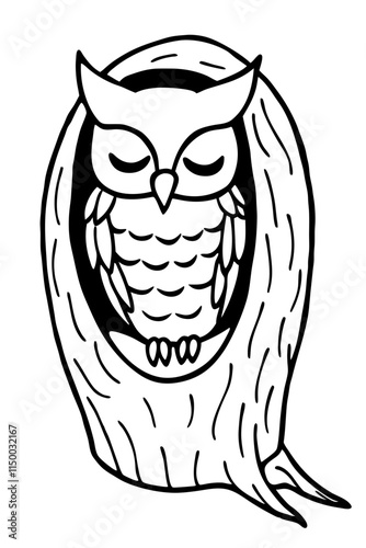A sleepy owl resting in a hollow tree illustration perfect for nature and wildlife enthusiasts.