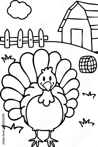 A turkey showing off its feathers in the barnyard illustration perfect for nature and wildlife enthu