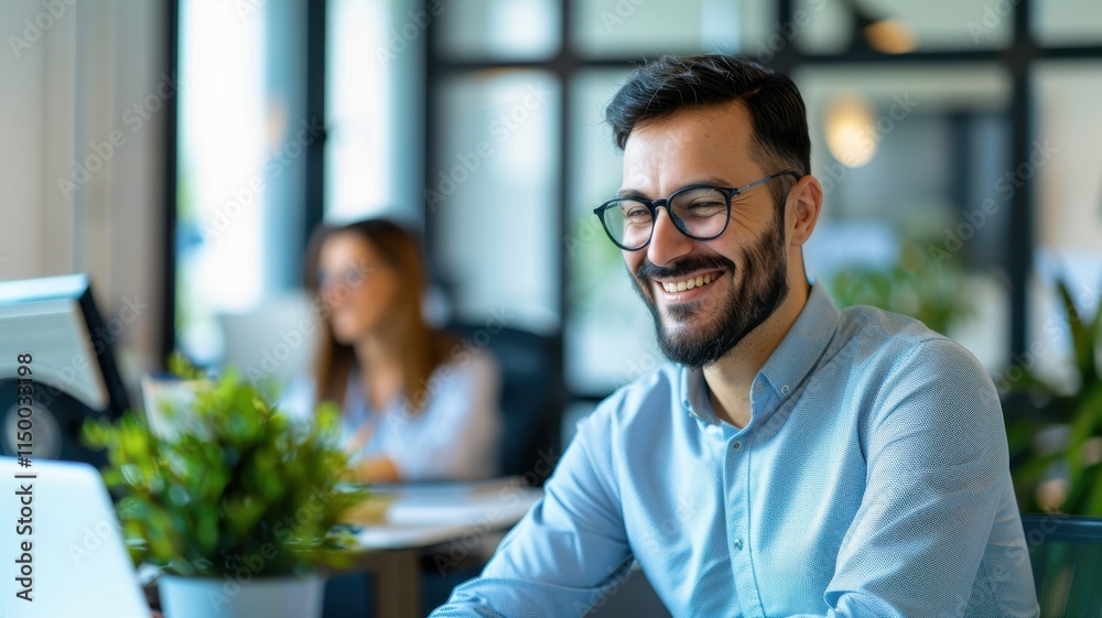 A smiling man in glasses works on a laptop in a modern office, with a woman blurred in the background, surrounded by plants and natural light. A smiling man in glasses works on a laptop in a modern office, with a woman blurred in the background, surrounded by plants and natural light.