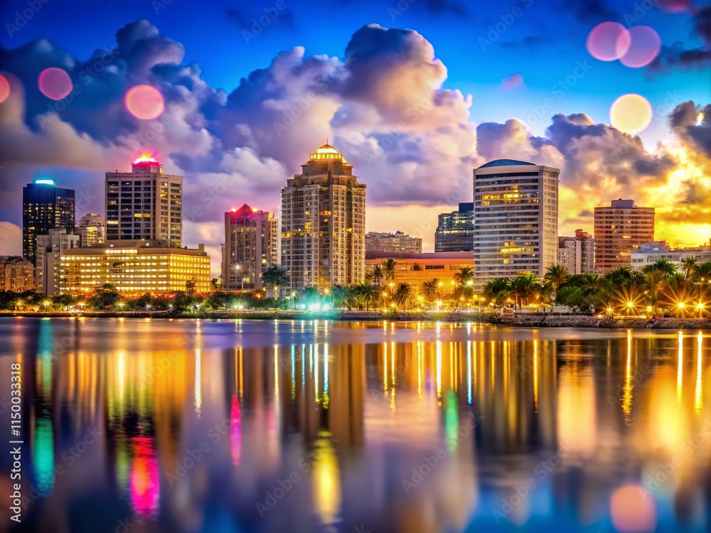 Naklejka premium West Palm Beach Florida Skyline Night Bokeh Photography - Stunning Cityscape at Dusk