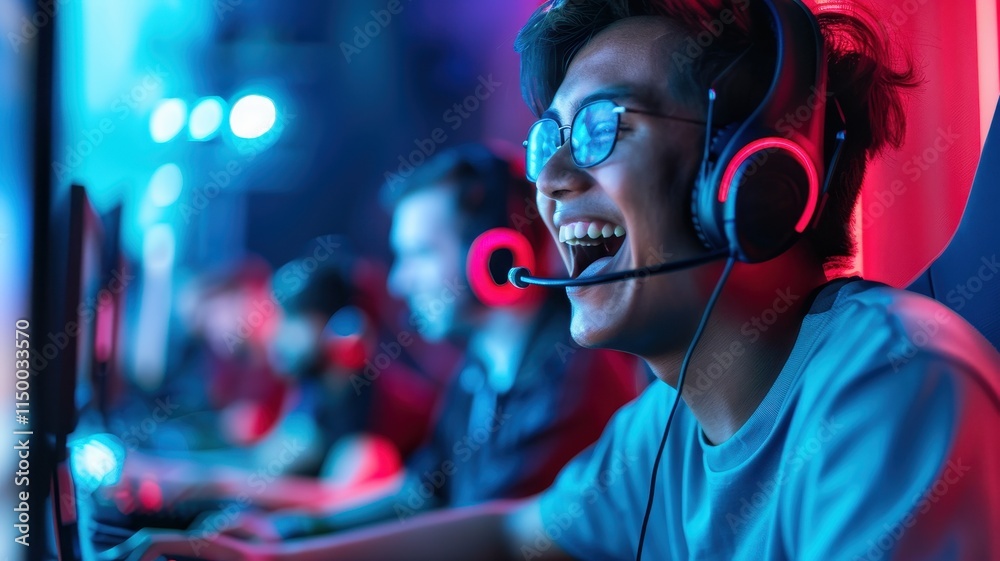 A gamer laughs joyfully while wearing a headset, immersed in a vibrant, colorful gaming environment with teammates in the background. A gamer laughs joyfully while wearing a headset, immersed in a vibrant, colorful gaming environment with teammates in the background.