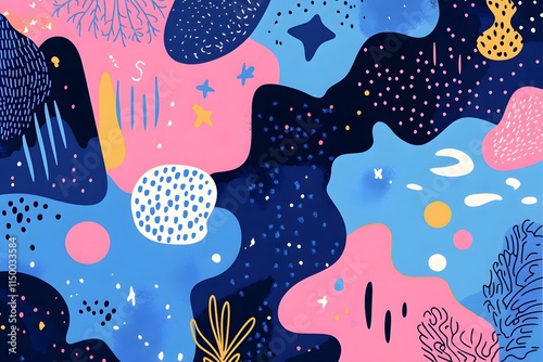 Colorful abstract design with vibrant blue, pink, and navy tones featuring playful shapes, organic patterns, dots, lines, and textures perfect for artistic and creative backgrounds.