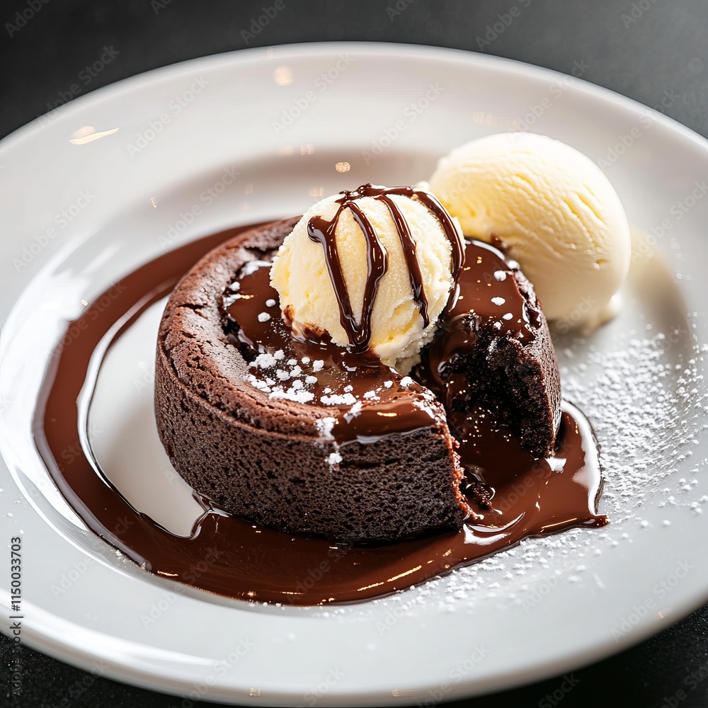 A decadent chocolate lava cake with a gooey molten center, served with a scoop of vanilla ice cream, on a white plate A decadent chocolate lava cake with a gooey molten center, served with a scoop of vanilla ice cream, on a white plate