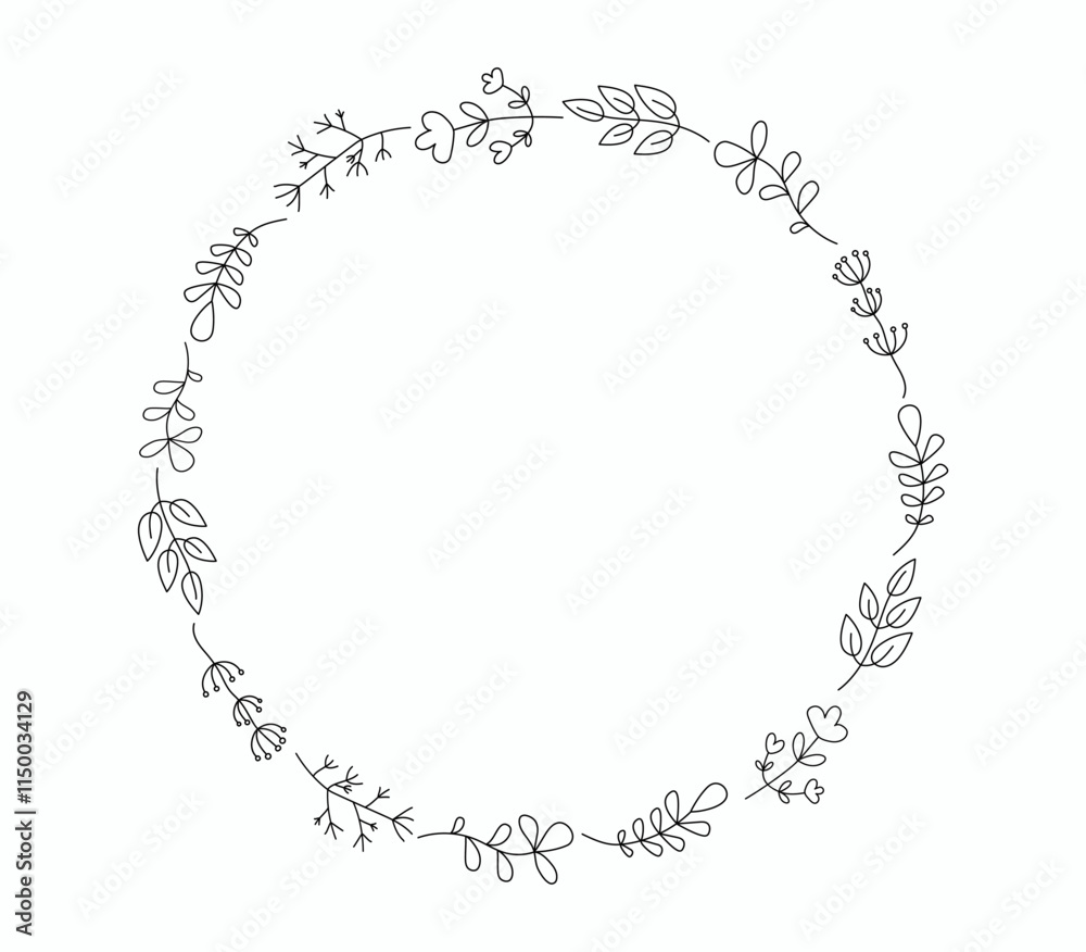 Set of simple drawings of plants, flowers, branches, leaves. Round frame, plant border. Hand drawn linear icons. Background, place for text. Set of simple drawings of plants, flowers, branches, leaves. Round frame, plant border. Hand drawn linear icons. Background, place for text.