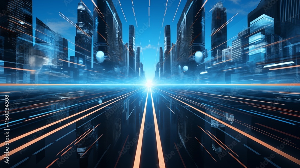 Fototapeta premium A futuristic cityscape with digital interface, hard light, space on the left for logo,generative ai illustration