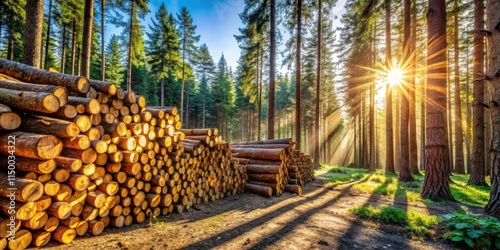 Stacks of freshly cut logs in a sun-drenched forest, casting long shadows through the towering trees.