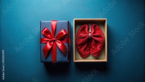 A blue gift box with a red ribbon bow, revealing a red bow tie inside photo