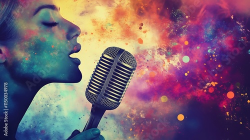 Stunning Profile of a Singer with a Microphone Amid Vibrant and Colorful Background Creating an Energetic and Artistic Atmosphere Ideal for Music Themes
