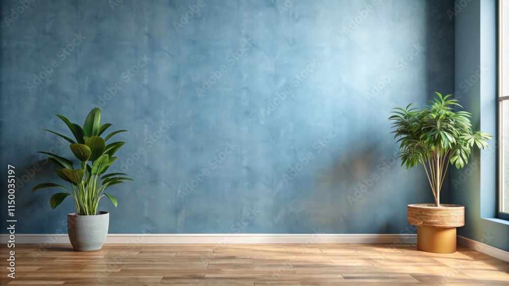 A minimalist interior featuring a textured blue wall, wooden floors, and two potted plants, offering a tranquil and inviting space for design inspiration.