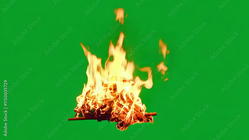 Burning firepit with wooden logs isolated on chroma key green screen background. Campfire flames overlay cut out motion graphics design element. Blazing fire animation/ render.