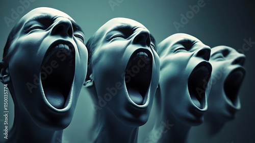 Eerie Expression of Agony Captured in a Surreal Arrangement of Faceless Figures Emitting Silent Cries in a Dark and Moody Atmosphere