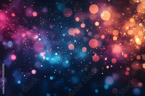 Vibrant abstract bokeh background with soft glowing light particles in vivid shades of blue, pink, orange, and purple, ideal for festive, dreamy, and creative design projects