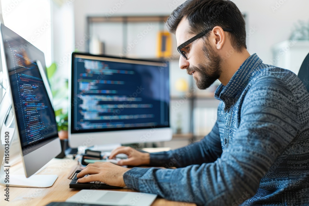 A focused programmer writes code on dual monitors, surrounded by a modern workspace filled with plants and tech. A focused programmer writes code on dual monitors, surrounded by a modern workspace filled with plants and tech.