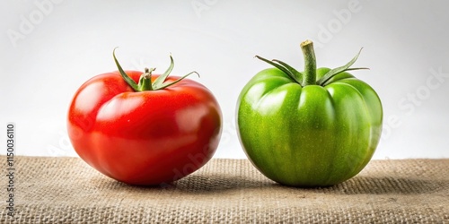 A vibrant red ripe tomato and an unripe green tomato rest side by side on a rustic burlap surface.