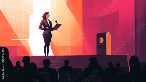 A businesswoman confidently delivers a presentation to a captivated audience, her silhouette illuminated against a vibrant backdrop.