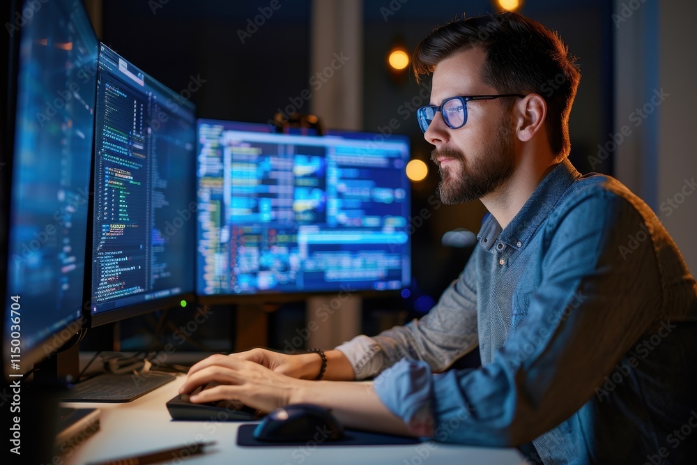 A focused programmer works late at night, coding on dual screens illuminated by vibrant displays, showcasing a tech-savvy environment. A focused programmer works late at night, coding on dual screens illuminated by vibrant displays, showcasing a tech-savvy environment.