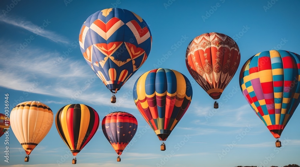 Obraz premium Colorful Hot Air Balloons Floating Against a Clear Blue Sky, Vibrant Hot Air Balloon Festival with Stunning Designs, Scenic Sky Filled with Multicolored Hot Air Balloons