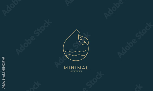 Water drop logo with waves and a leaf 