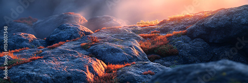 Granite formations glowing in the soft light of a setting sun, with vibrant lichen patterns illuminated and a gentle fog creating a peaceful, serene landscape.   photo