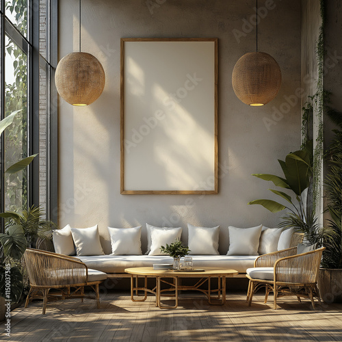 Mock-Up Poster Frame in Modern Cafe Interior - 3D Render