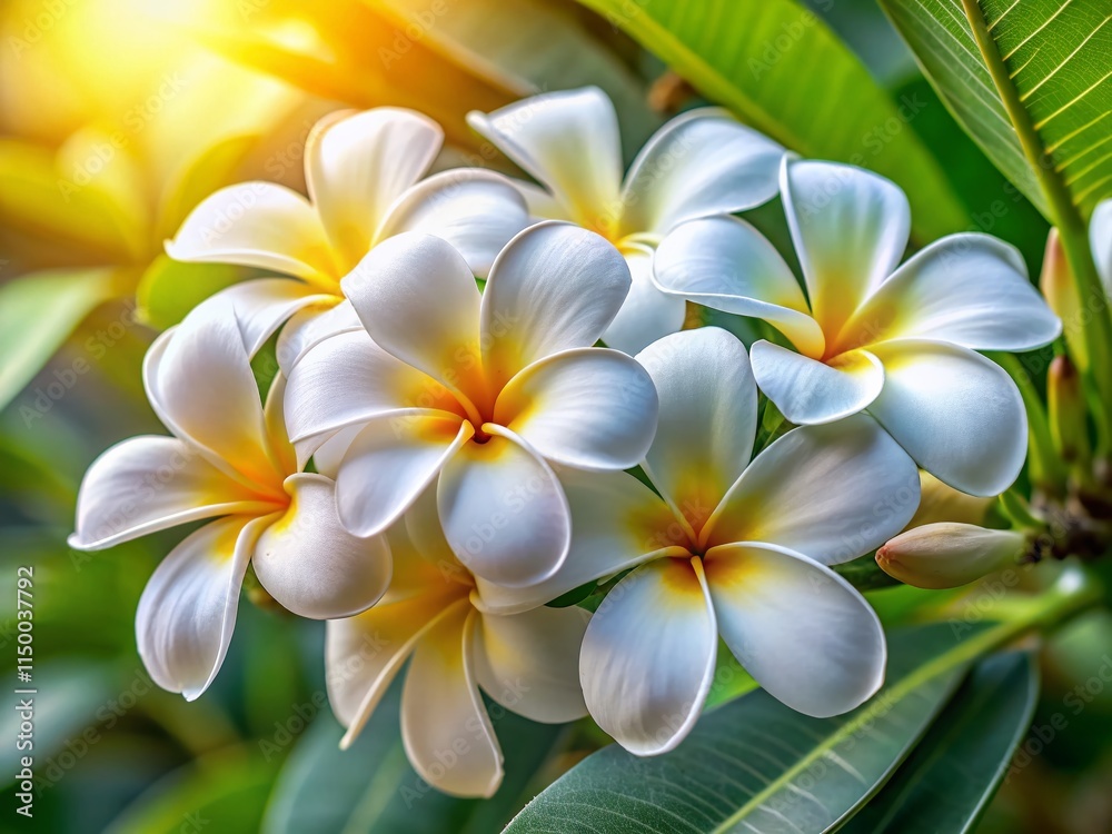 Fototapeta premium White Frangipani Flowers Close-Up, Tropical Bloom, Exotic Floral Background, Copy Space Right